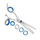 Texturizing shears with blue finger loops, stainless handles, and shark-fin tooth blade