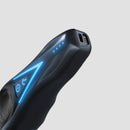 Wahl cordless clipper close-up, black body with blue glowing control panel