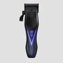 Wahl cordless clipper front view, metal blade guard and blue indicator lights