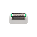 Foil shaver replacement cartridge front view with metal foil rollers and green side accents.
