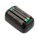 Foil shaver replacement head angled view with dual foils and green side tabs on base.