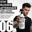 Immortal NYC aftershave spray bottle with black trigger, label shows 06; man holding bottle.