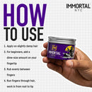 Immortal NYC pomade tin with silver lid held in hand; How to use steps shown