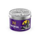 Immortal NYC hair pomade tin with silver lid; purple Wild West Super Natural label