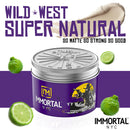 Immortal NYC pomade tin with silver lid; purple Wild West Super Natural label and lime graphics
