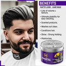 Hair wax benefits panel next to Immortal NYC Wild West pomade tin with silver lid