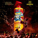 Aftershave spray bottle with deep red liquid, red trigger sprayer, Reserve graphic artwork.