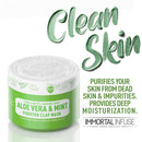 Aloe vera & mint purifying clay face mask jar with green lid and white label