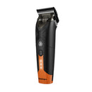 Cordless hair clipper side view with orange accents and illuminated indicator