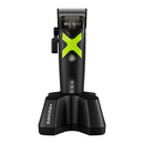 Cordless hair clipper with neon green accents on a charging stand
