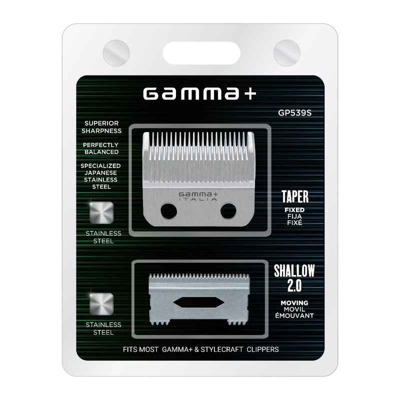 Gamma+ Fixed Stainless Steel Taper Blade w/ Shallow 2.0 Cutter Clipper Blade Set (GP539S)