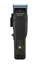 Cordless hair clipper body with blue charging base, black design and green power logo