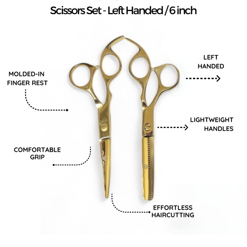 Rolda 6" Left Handed Hair Cutting Scissors & Thinning Shears Set - Gold