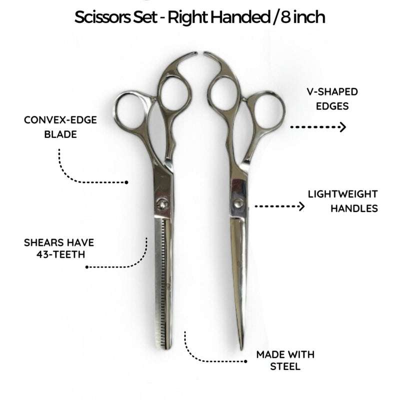 Rolda 8" Right Handed Hair Cutting Scissors & Thinning Shears Set - Silver