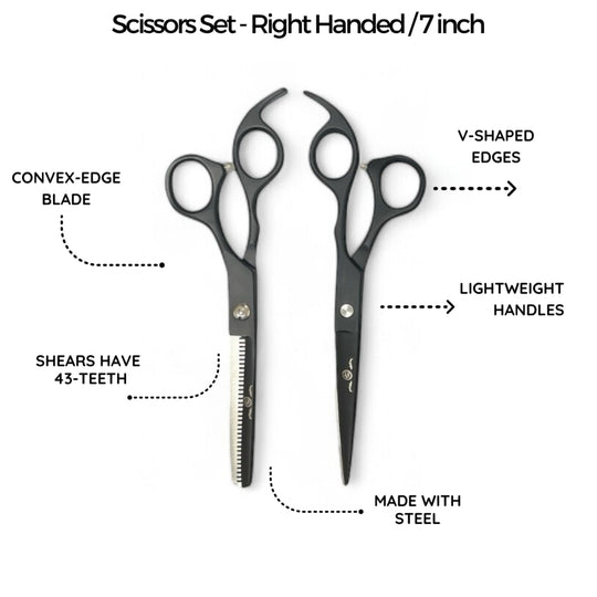 Rolda 7" Right Handed Hair Cutting Scissors & Thinning Shear Set - Black