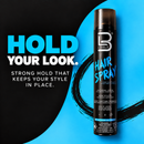 Hair spray can with blue cap, black label featuring LEVEL3 and Hair Spray wording.