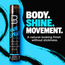 Hair spray can with blue cap and LEVEL3 branding, natural-look finish details.