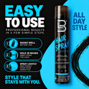 Hair spray can with blue cap and LEVEL3 logo, label shows simple step icons.