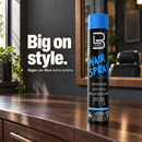 Hair spray can with blue cap and LEVEL3 label, natural-look hold level details.