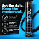 Hair spray can with blue cap and LEVEL3 branding, strong-hold and non-sticky info.