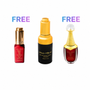Hair and scalp oil bundle with three bottles: red serum, amber pump, gold dropper