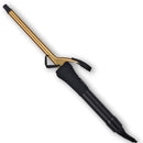Gold-barrel curling iron with black textured grip, hinged clamp, and cord plug