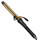 Gold-barrel curling iron with black handle and hinged clamp guard, cord connection visible