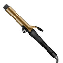 Gold curling iron with black handle and side clamp guard, cord exiting bottom