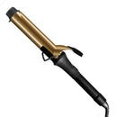 Gold-barrel curling iron with black handle, clip stand, and protective tip cover