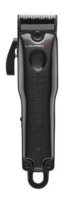 Low profile hair clipper front view with blade and guard comb, black body