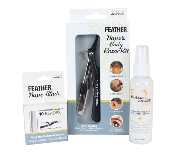 Feather Professional Nape & Body Razor Kit w/ 10 Pack Replacement Nape Blades