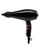 Black hair dryer with concentrator nozzle and rear vented handle