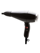 Black hair dryer with silver front grille and concentrator nozzle