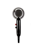 Black hair dryer with rear intake grille and vented body