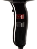 Black hair dryer with control switch panel and indicator window