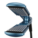 Blue crimping iron with ridged 8-tooth plates, open clamp and black power cord