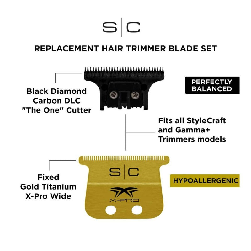 StyleCraft Fixed Gold Titanium X-Pro Wide Replacement Trimmer Blade w/ Black Diamond DLC The One Cutter Set