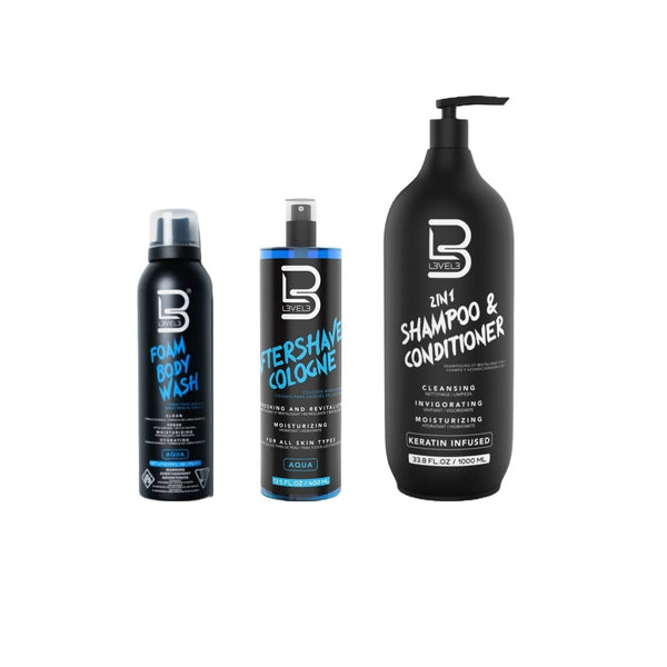 L3VEL3 2-in-1 Shampoo & Conditioner, Aqua Aftershave & Foam Body Wash Value Set