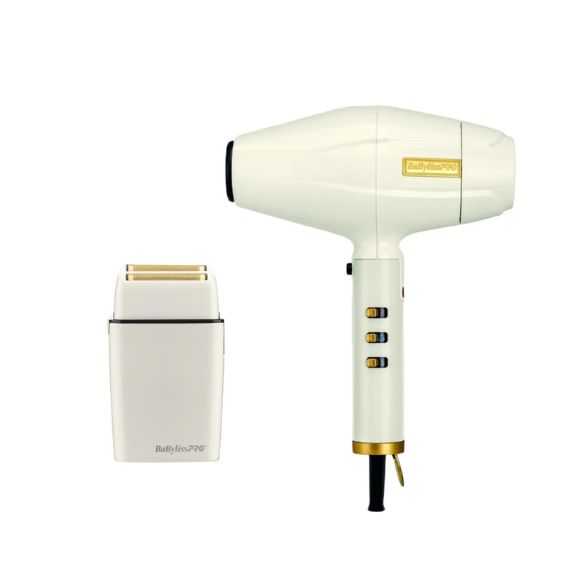 BaByliss PRO Limited Edition White FX Rob the Original Hair Dryer & Cordless Double Foil Shaver Set