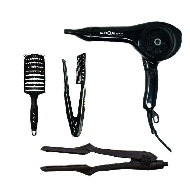 Croc Professional 4pc Ultimate Styling Set (Flat Iron, Hair Dryer, Vented Hair Brush, Styling Comb)