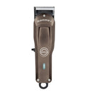 Cordless skin clipper, dark brown front view with metal blade and guards