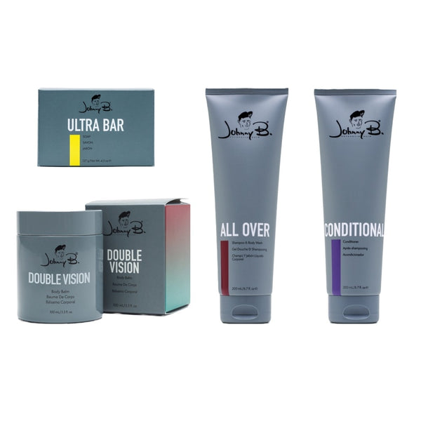 Johnny B. Bath & Body Value Set for Men (All Over Shampoo, Conditioner, Soap Bar, Double Vision Body Balm)