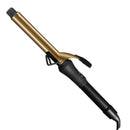 Gold-barrel curling iron with black grip, clip guard, and visible power cord