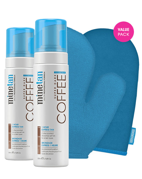 minetan Coffee Coconut Water Foam Duo Pack w/ Applicator + Exfoliator Mitt`