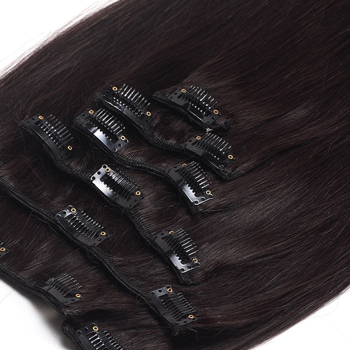 Suprema 100% Real Human Remy Hair Clip On Extensions 7pc Set - Dark Brown 1B