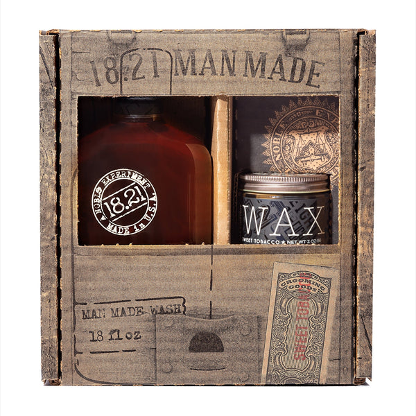18.21 Man Made Sweet Tobacco 3-in-1 Shampoo, Conditioner, Body Wash (18oz) & High-Hold Low-Shine Hair Wax (2oz) Gift Set