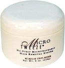 Micro Tweeze round jar with lid and label reading no-strip microwaveable hair removal