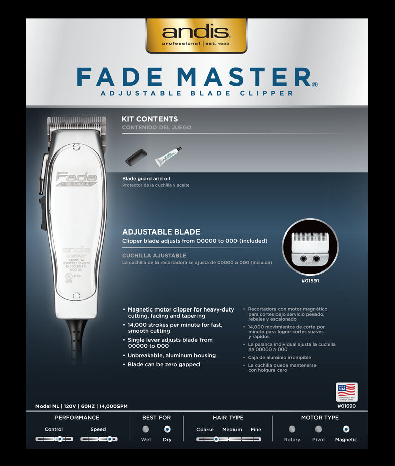 Andis Fade Master Adjustable Blade Clipper w/ Metal Finish (01820)