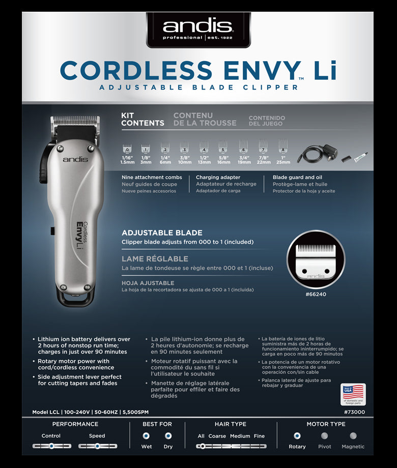 Andis Silver Cordless Envy Li Adjustable Blade Clipper (73000)